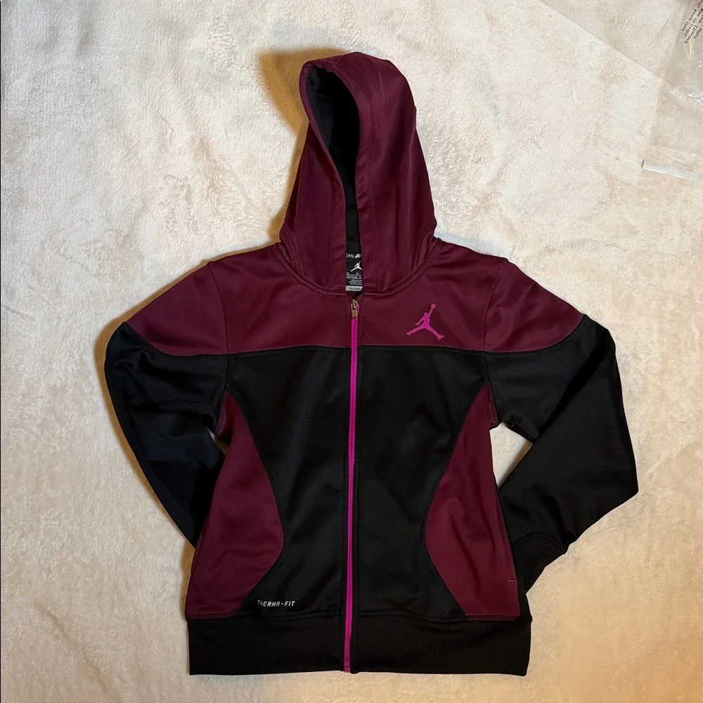 Jordan Girls Therma-FIT Zip Up Hoodie Jacket Burgundy Black Pink Activewear M